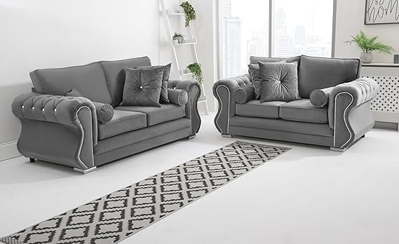 Matrix Falcon Plush Velvet Sofa – Diamond Studded Arms – Foam Seat Cushions – Button Tufted Detailing – 2 Seater, 3 Seater, 3+2 Set, Armchair & Corner Sofa Options
