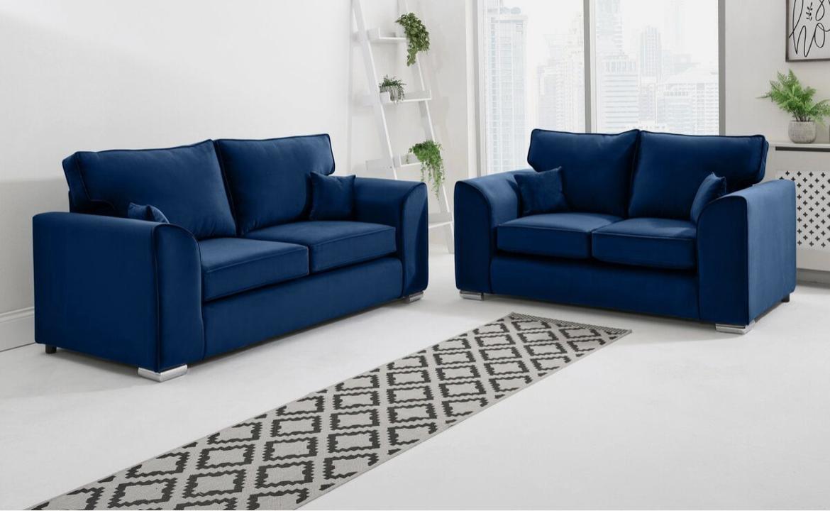 Dylan Plush Velvet Sofa Set – 2 & 3 Seater, Corner Sofa, Swivel Chair – Classic Blue Scatterback Sofas for Living Room