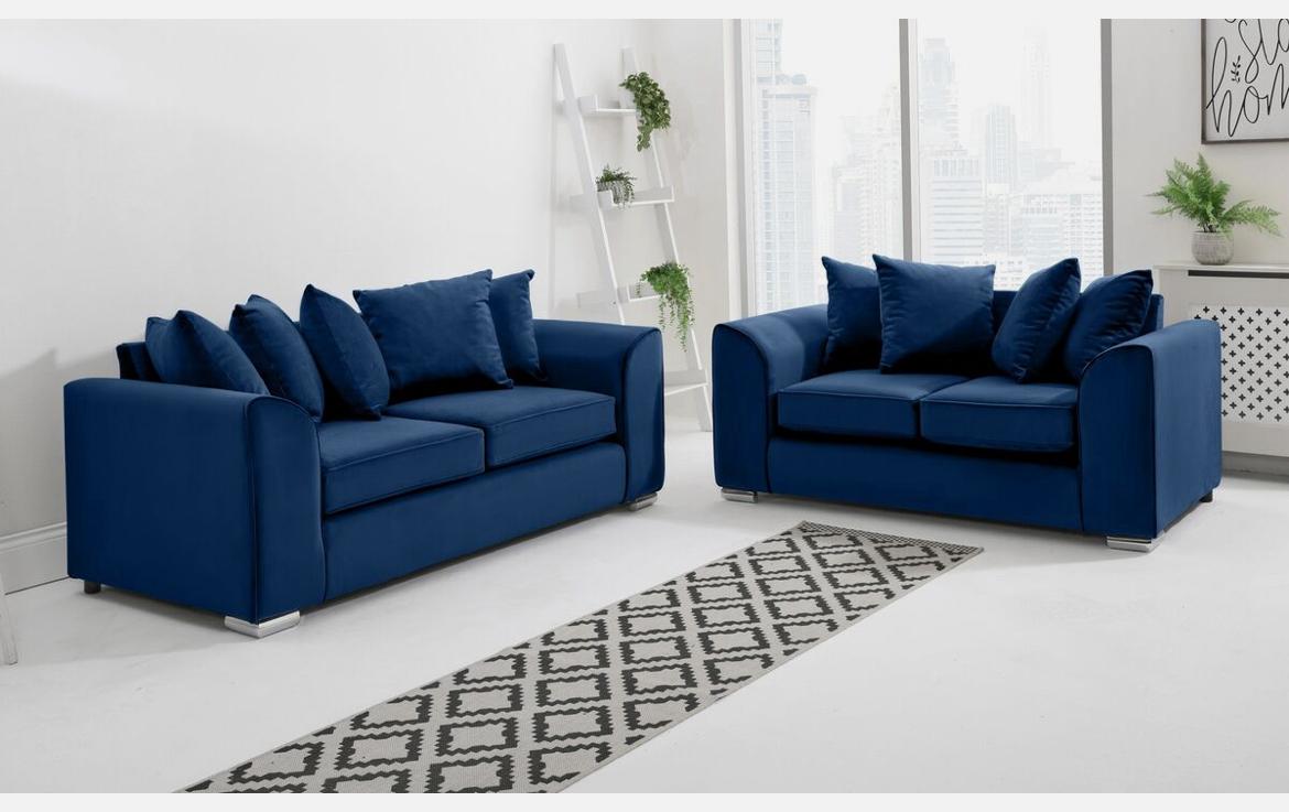Dylan Plush Velvet Sofa Set – 2 & 3 Seater, Corner Sofa, Swivel Chair – Classic Blue Scatterback Sofas for Living Room