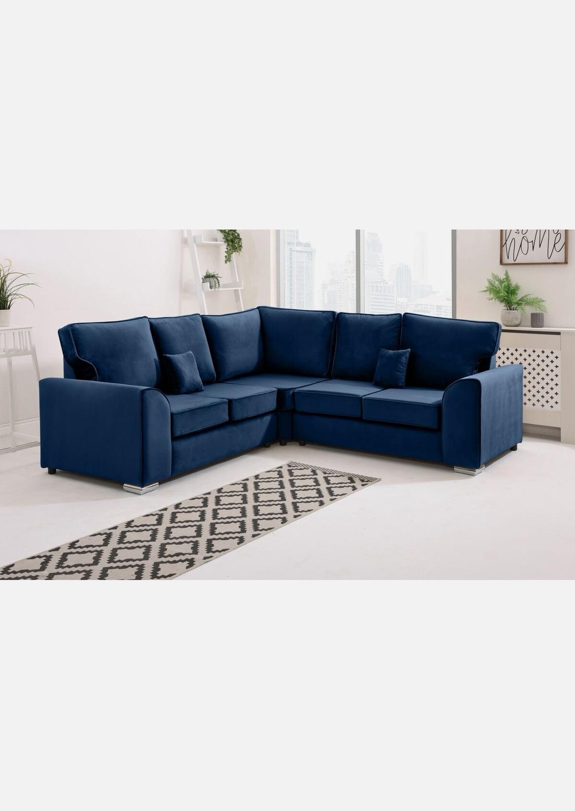 Dylan Plush Velvet Sofa Set – 2 & 3 Seater, Corner Sofa, Swivel Chair – Classic Blue Scatterback Sofas for Living Room