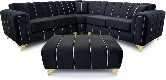 Turkish Corner Sofa Plush Velvet L Shape Sofa Set UK, Modern Upholstered Sectional Sofa with Metal Legs & Trim, Hardwood Frame, High Density Foam Seating, 4 Seater, Black