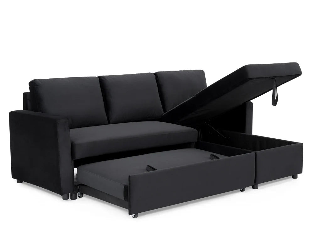 Luna Plush Velvet 3-Seater L-Shaped Corner Storage Sofa Bed - Pull Out 2 In 1 Sectional Sleeper | Convertible Sofa Bed with Hidden Storage | Universal Corner Sofa for Living Room
