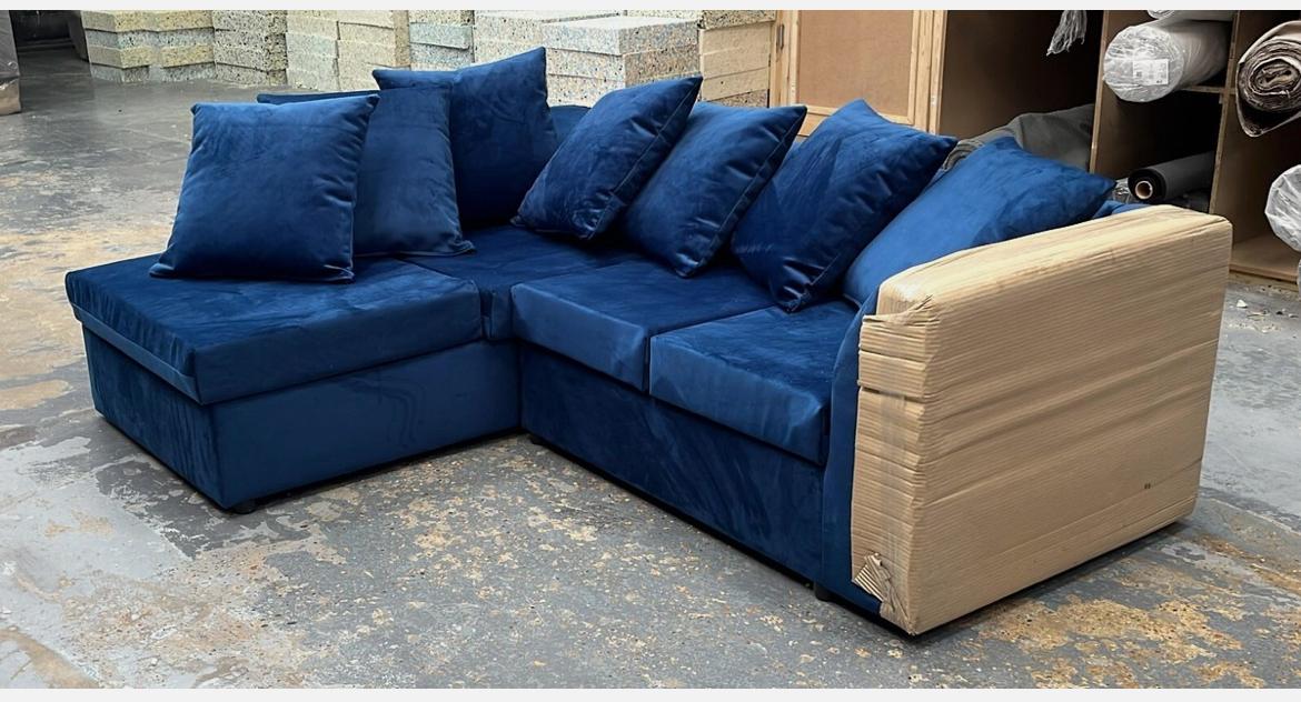 Dylan Plush Velvet Sofa Set – 2 & 3 Seater, Corner Sofa, Swivel Chair – Classic Blue Scatterback Sofas for Living Room