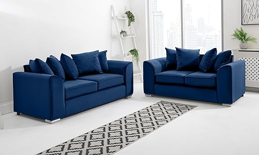 Dylan Plush Velvet Sofa Set – 2 & 3 Seater, Corner Sofa, Swivel Chair – Classic Blue Scatterback Sofas for Living Room