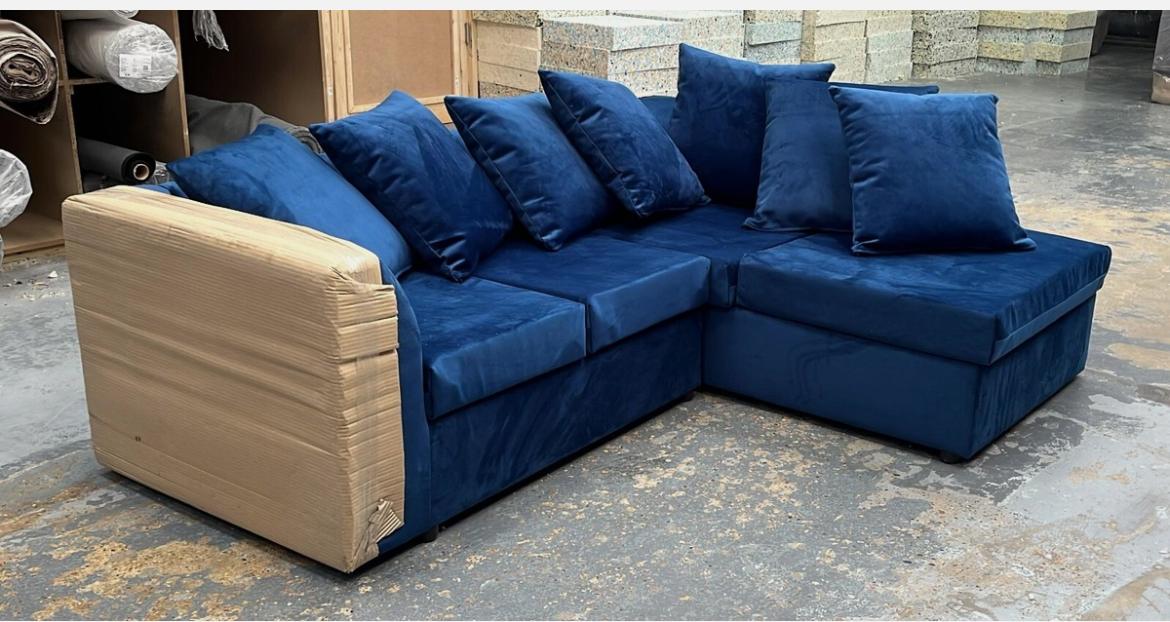 Dylan Plush Velvet Sofa Set – 2 & 3 Seater, Corner Sofa, Swivel Chair – Classic Blue Scatterback Sofas for Living Room