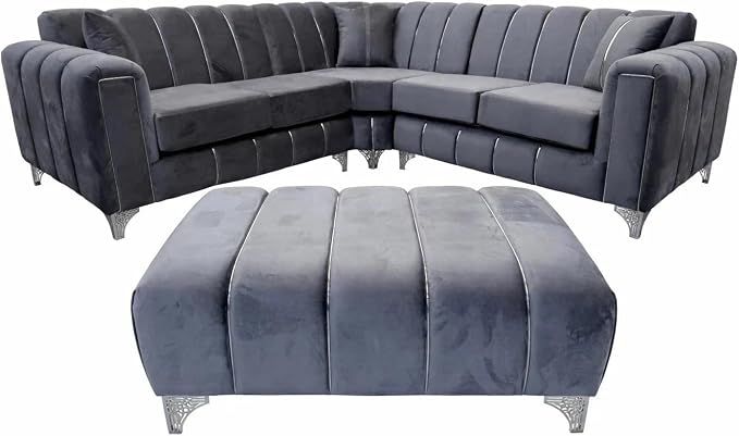 Turkish Corner Sofa Plush Velvet L Shape Sofa Set UK, Modern Upholstered Sectional Sofa with Metal Legs & Trim, Hardwood Frame, High Density Foam Seating, 4 Seater, Black