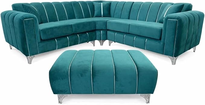 Turkish Corner Sofa Plush Velvet L Shape Sofa Set UK, Modern Upholstered Sectional Sofa with Metal Legs & Trim, Hardwood Frame, High Density Foam Seating, 4 Seater, Black
